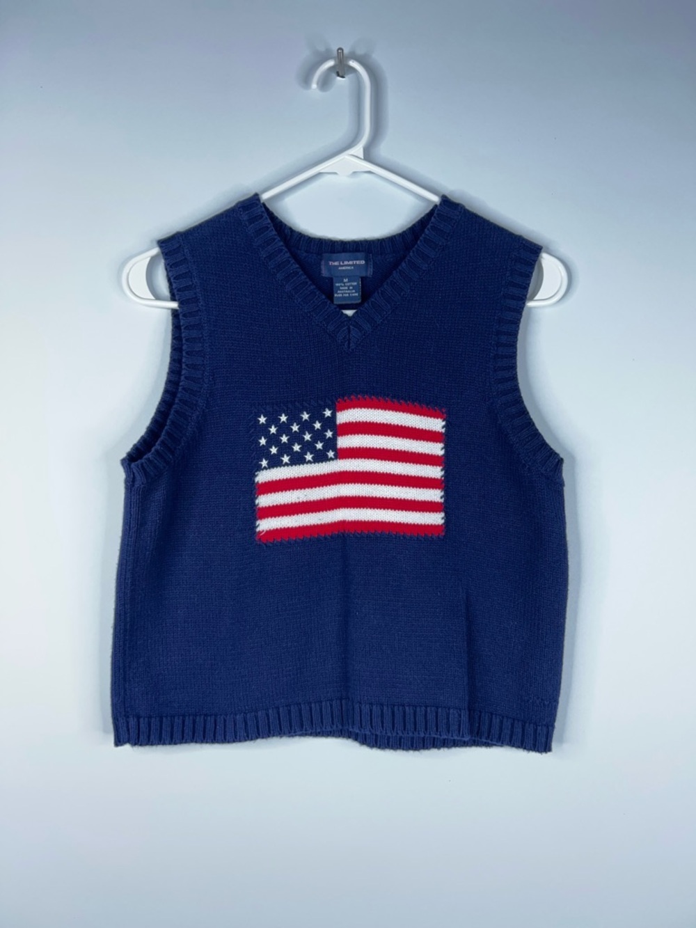 Vintage Knit Flag V-Neck Sweater Navy Blue Vest The Limited Preppy Coastal